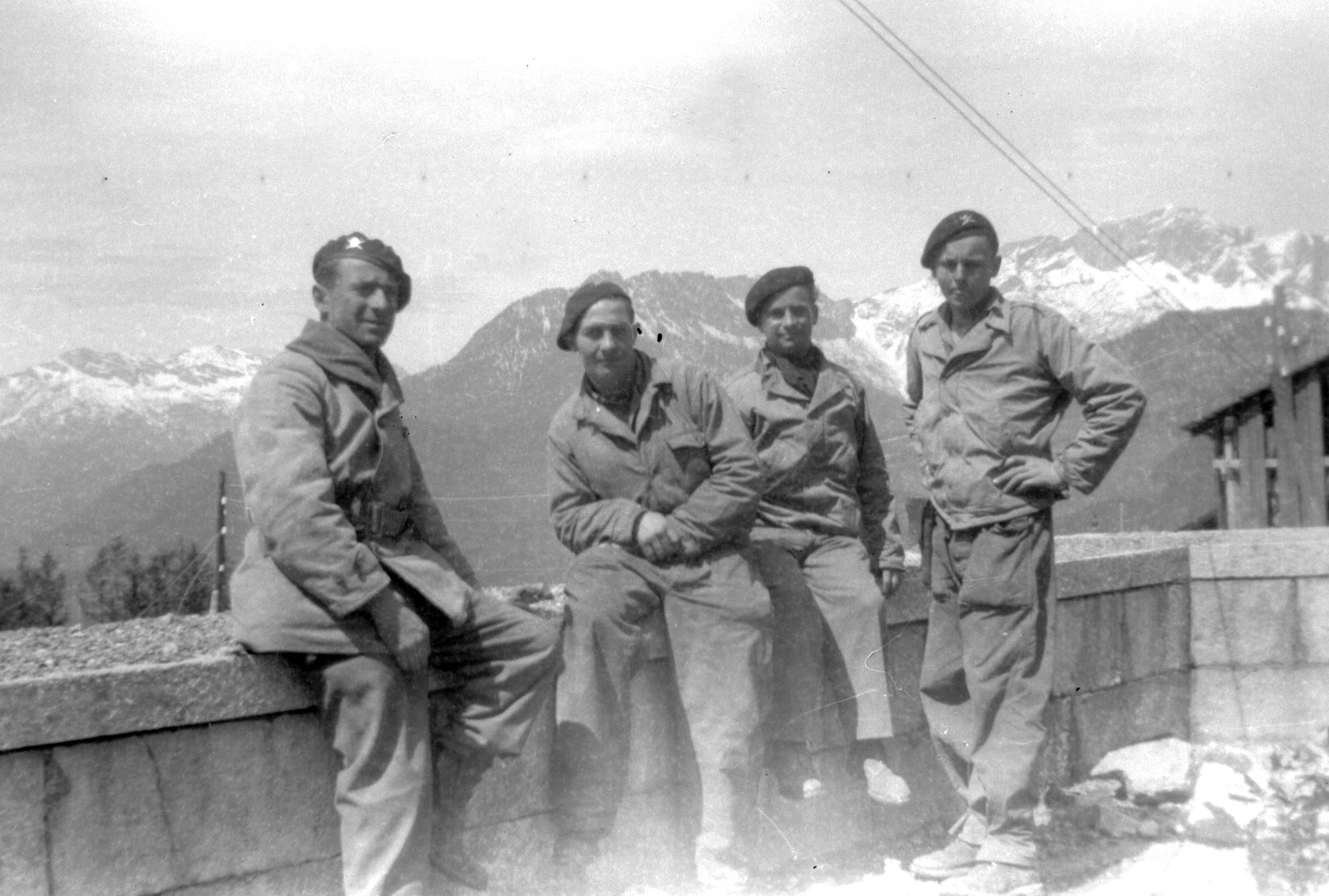 L-R Adjudant Albert Parmentier, Andr� Beaufils, Georges Dornois and Philippe Bey-Rozet on Platterhof balcony.
